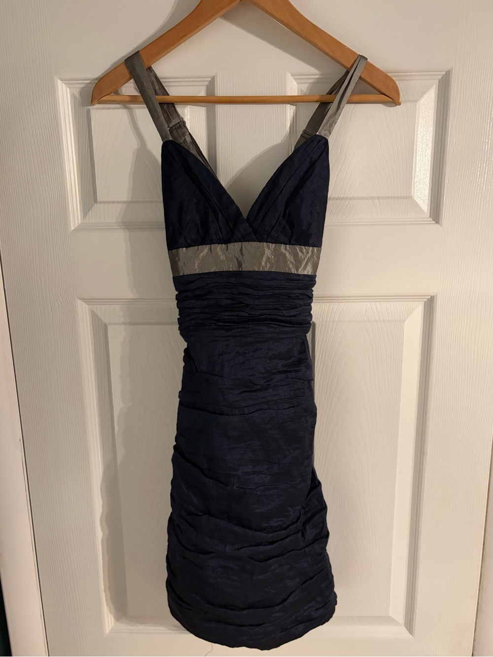 BCBG Navy and Silver backless V-Neck Ruched Dress